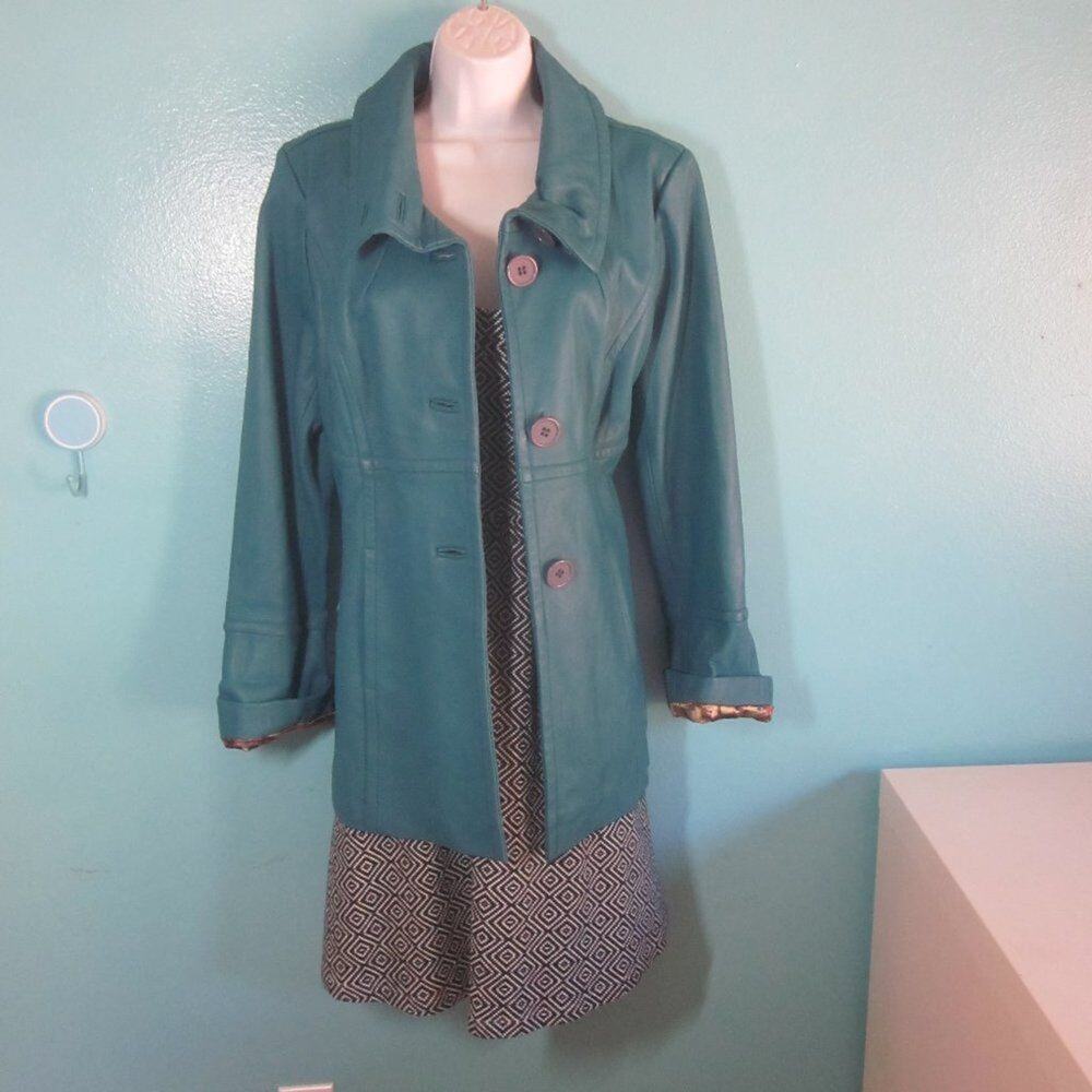 Excelled Womens Size M Teal Leather Button Front Long Coat Leather Jacket